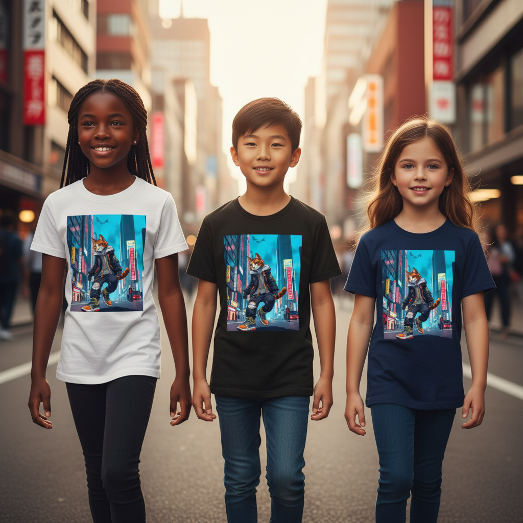 3 enfants portant le t-shirt Neko Street en balade en ville