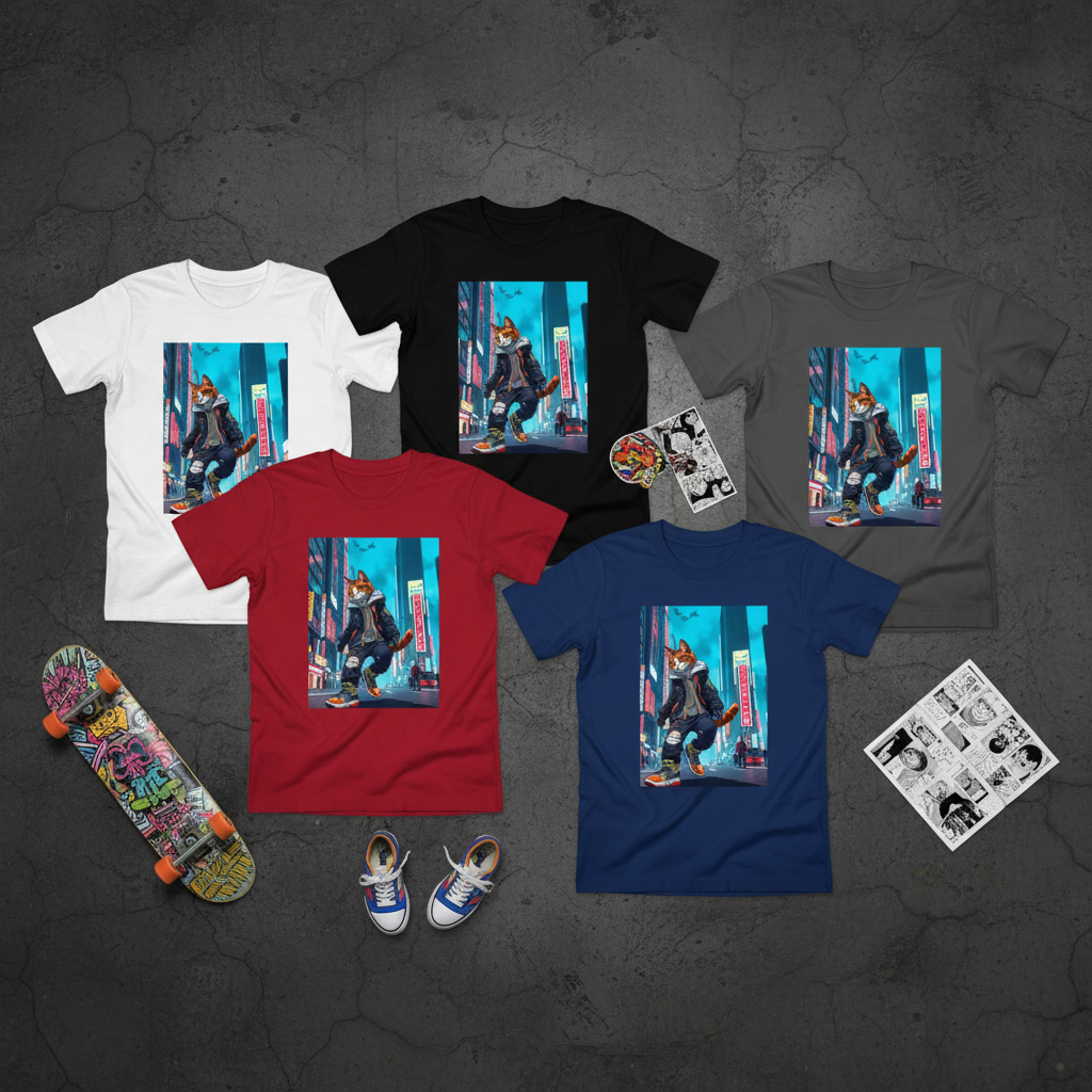Flat lay 6 couleurs t-shirt Neko Street sur béton urbain